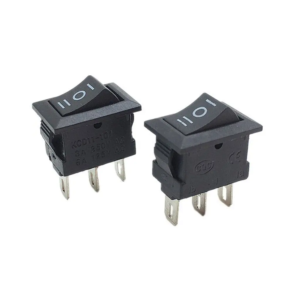 Black 3-Pin Mini Rocker Switch — SPDT ON/OFF/ON, 3-Pin, 125VAC/6A, KCD117, Miniature 15mm × 10mm (½" × ⅜") — 2/5/10 Pack