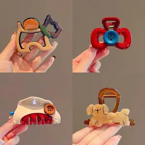 4-piece dopamine cartoon puppy hair claw clip, high-end hair styling shark clip, niche design, cute color-blocking hollow hair accessory