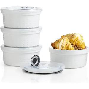 Ceramic Ramekins with  Oven Safe Set of 4, Baking Bowls for Dessert,  Storage Bowls with Airtight , Meal Prep Containers, Lunch Office Meal for Microwave and Freezer, White Ripple