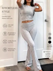 Flattering Snatched Fit Activewear – Lightweight Breathable Flare Leggings & Tee, Sophisticated Soft Fold-over Waist Set for Travel & Lounging | 2026 Essential Athleisure Wear Sets Summer Clothes