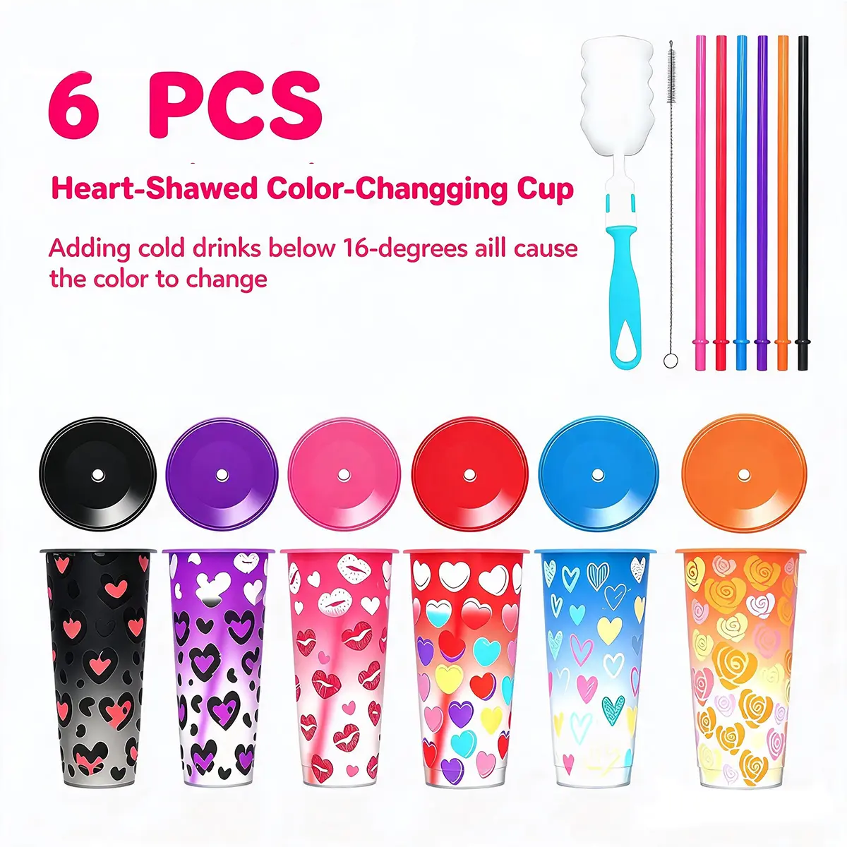 [Summer Wins]6 Pack Color Changing Cups with Lids and Straws, 24 oz Reusable Cold Cups That Change Color with Ice Water, BPA-Free Tumblers for Summer Parties, Iced Coffee, Gifts & Photos