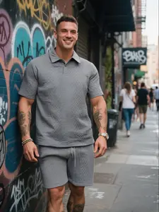 Menswear, Men's summer solid-color casual sportswear set Athleisure Street Fit, including a POLO short-sleeve shirt and matching color casual drawstring waist shorts, made of fabric