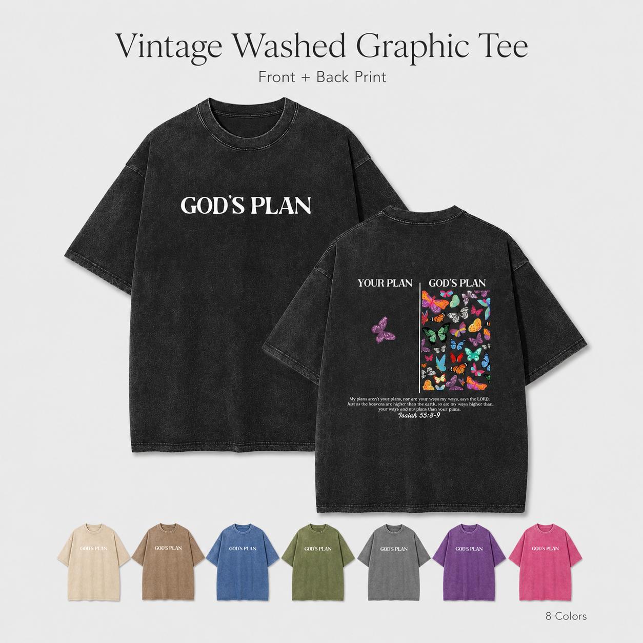Unisex Vintage Washed Cotton Graphic T-Shirt, Oversized Crew Neck Tee with God’s Plan Butterfly Front & Back Print, Casual Streetwear Top