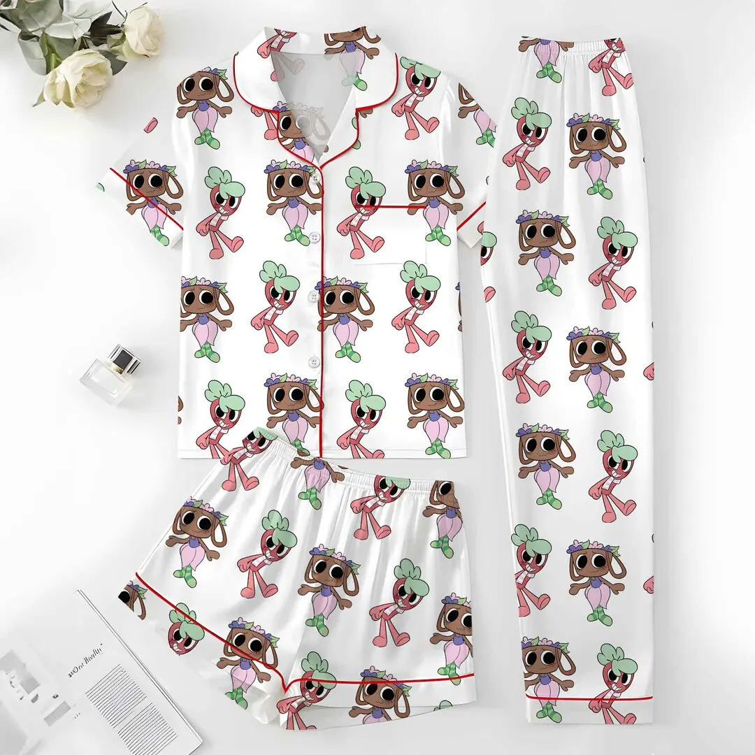 Sprout and Bassie Dandy’s World Satin Pajama Set, Gaming Cartoon Sleepwear, Dandy’s World Outfit Costume, Birthday Party Gifts