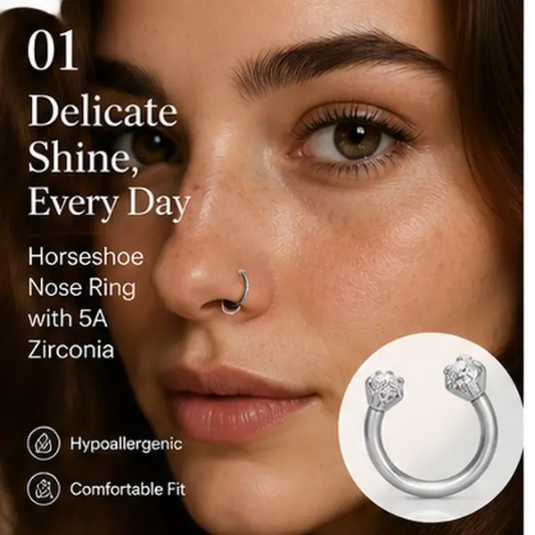 CZ Horseshoe Nose Ring for Women, 20G Silver Septum Hoop with 3mm Clear Zircon Stones and Jewelry Tool for Piercing Accessories