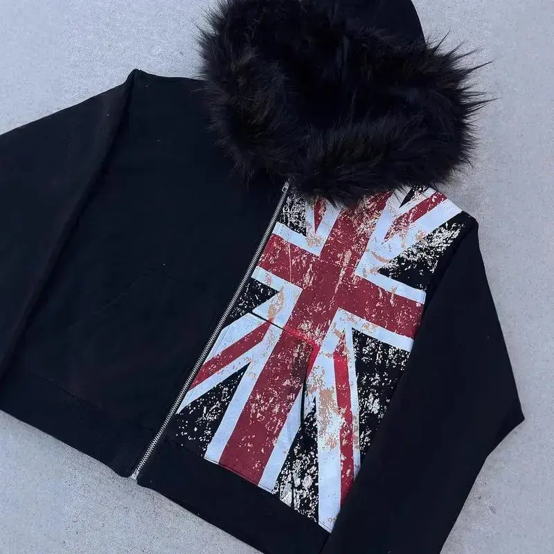 Y2K?Fur?Collar?Zipper?Sweater INS?Printed?Long?Sleeve?Pullover?Hoodie?Retro?Street?Jacket