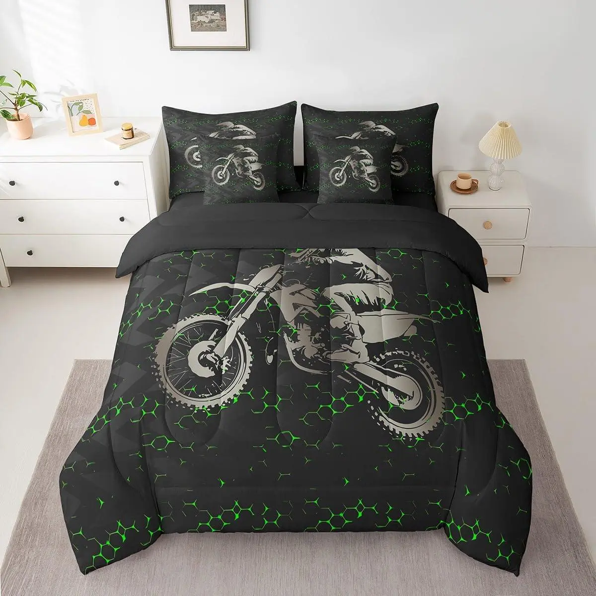 Dirt Bike Comforter Set with Sheets Racing Motocross Rider Bed in a Bag for Boys Girls Teens Extreme Sports 7 Pieces Bedding Set Motorbike Bed Set Black Green