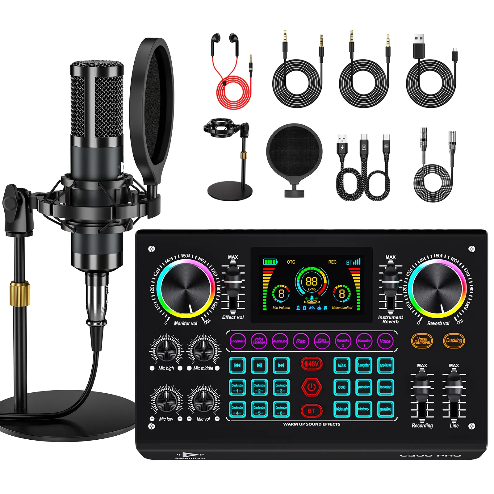 Ideanthro C200 PRO-P15 Digital USB Audio Interface Mixer Dual Core DSP Sound Card 2 Mic 2 Headphone Outputs Adjustable Tone Voice Changer Noise Reduction High Soundboard for Streamers Daily Use Dual Channel Singing Tool