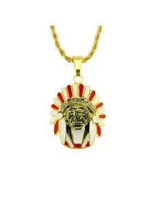 Vintage Indian Chief Pendant Necklace with red and white enamel and embossed 3D portrait. Full of exotic style, perfect for hip-hop trendsetters and streetwear enthusiasts for daily outings.
