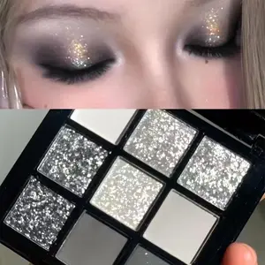 9-color dark gothic eyeshadow palette with Sparkling Pressed Glitter, highly pigmented basic black, white, and gray shades. Easily create a perfect eye makeup look, suitable for stage parties, music festivals, Halloween, and other makeup occasions