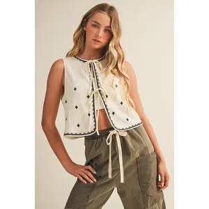 Embroidered Diamond Tie-Front Sleeveless Vest