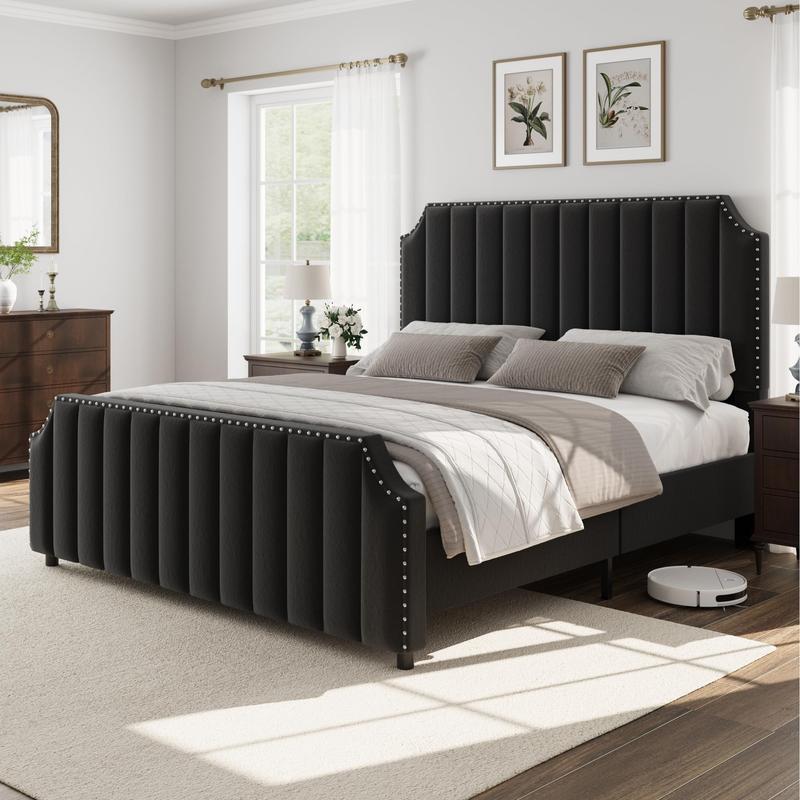 Queen Size Platform Bed Frame with 50.2" Headboard, Velvet Upholstered Bed Frame Queen with Vertical Channel Tufted Headboard & Footboard, Nailhead Trim, No Box Spring Needed, Cream