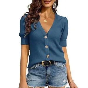 ARTFREE Womens Puff Short Sleeve Sweaters Pullover Shirt Tops V Neck Lightweight Knit Sweater Blouses