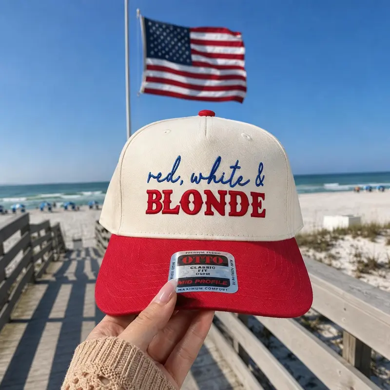 Female America-Themed Custom Embroidered Logo Vintage Trucker Baseball Cap - Red White & Blonde, Patriotic USA Flag Mesh Back Adjustable Cotton Snapback, 4th of July Design, Breathable Durable Headwear for Beach/Campfire, Flag Patch Hat