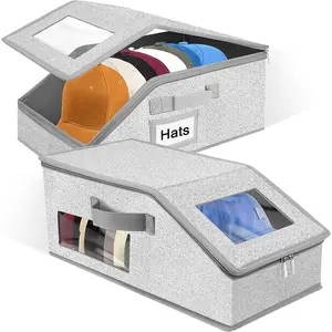 2 Pack Stackable Baseball Cap Organizer & Hat, Holds up to 24 Caps, Hat Organizer for Closet with Sturdy Cardboard, Baseball Cap Box for Men - Grey