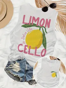 Women's Lemon Print Round Neck Tank Top Tropical, Casual Sleeveless Top for Daily Wear, Ladies Clothes for All Seasons, Socks