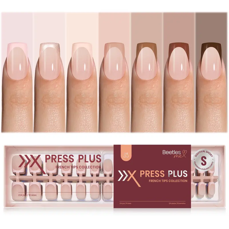 Beetles Gel Polish Xpress-On Press On Nail Set - 224 Pieces Short Square French Tip Acrylics, 7 Glitter & Nude Colors, 16 Sizes, Salon-Quality, 30+ Days Long-Lasting, Nail Designs for At-Home Use