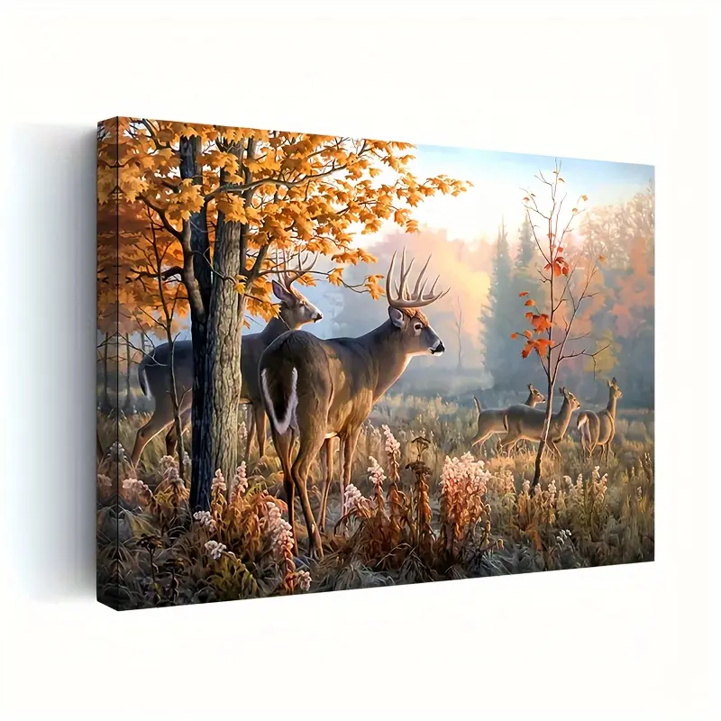 Artistic Wooden-Framed Canvas Wall Art - Deer Autumn Forest Landscape Home Decor for Living Room, Bedroom