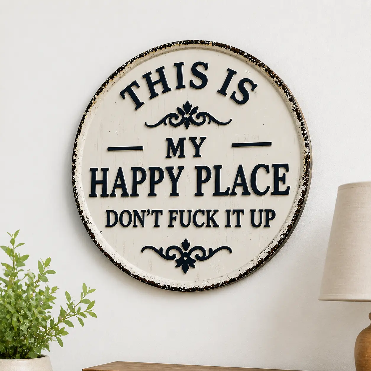 8x8in Decorative Round Metal Plaque - Easy-Install Wall Sign, Happy Place Welcome Home Decor, Space Saver Front Door Fit Signboard
