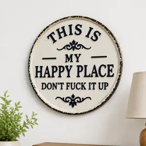 Welcome Sign for Front Door Round Metal Welcome to My Happy Place Plaque for Home Office Bedroom Kitchen Dining or Bar Decor 8x8in