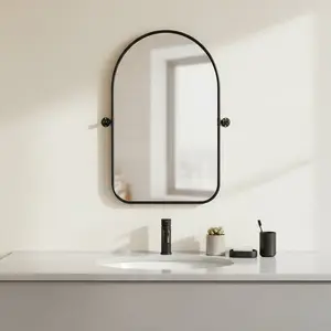 360 Stand 32x23 in Black Arched Metal & Glass Wall Mirror - Swivel Frame, Mountable Flat Modern Accent for Elegant Home Decor, Black Arched Mirror