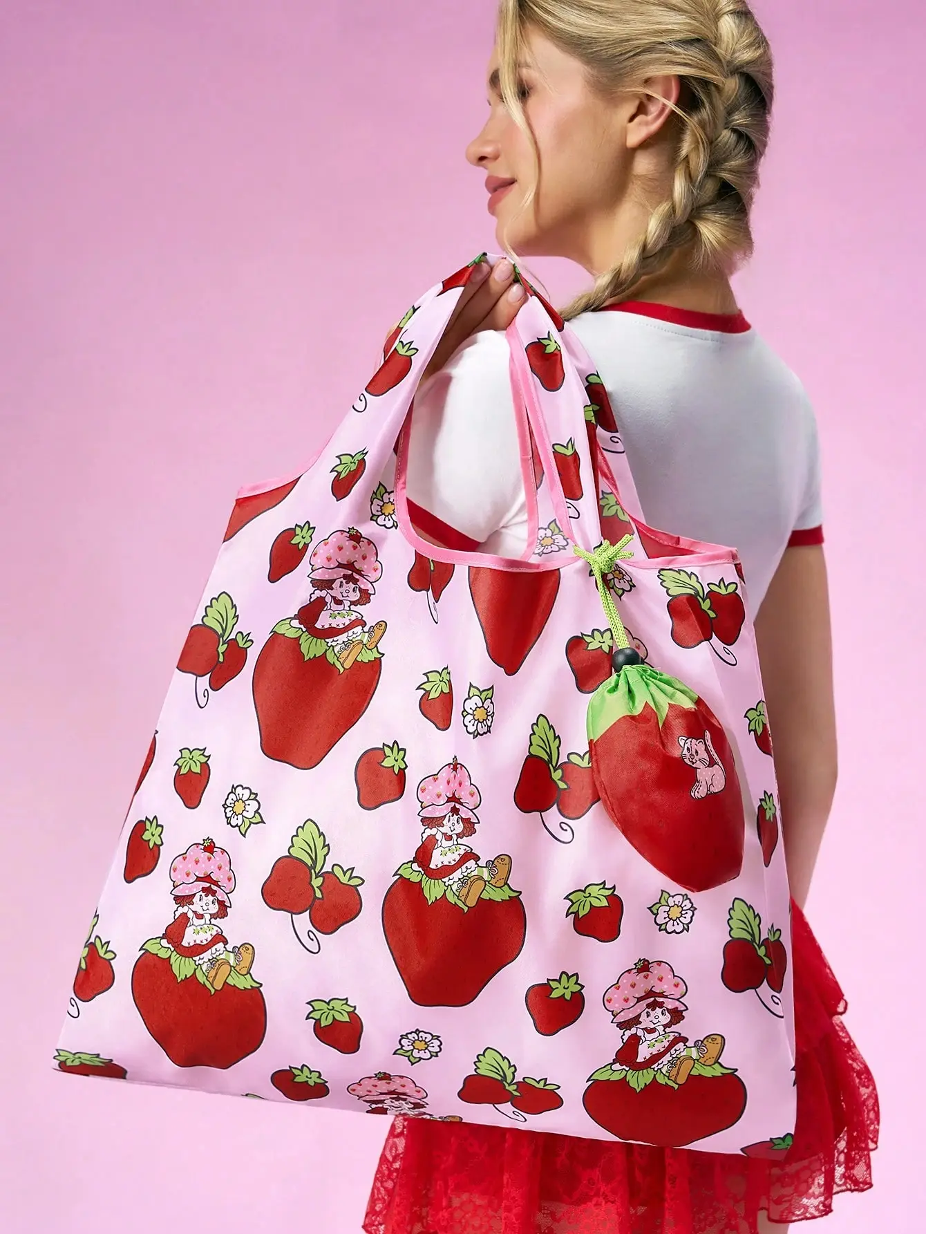 Strawberry Shortcake Foldable Tote Bag, Strawberry-Shaped Portable Storage Pouch with Cartoon Print, Cute Cartoon Character Print, Charming Design for Commuting, Equipped With Strawberry-Shaped Storage Bag