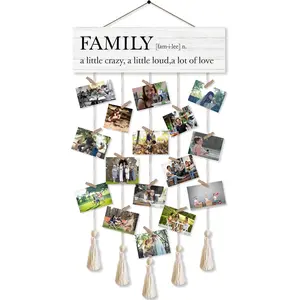 Family A Little Crazy A Little Loud Hanging Photo Display Board with 16 Clips 5 Strings Rustic Wood Picture Collage Frames Wall Decor for Home Housewarming Gifts