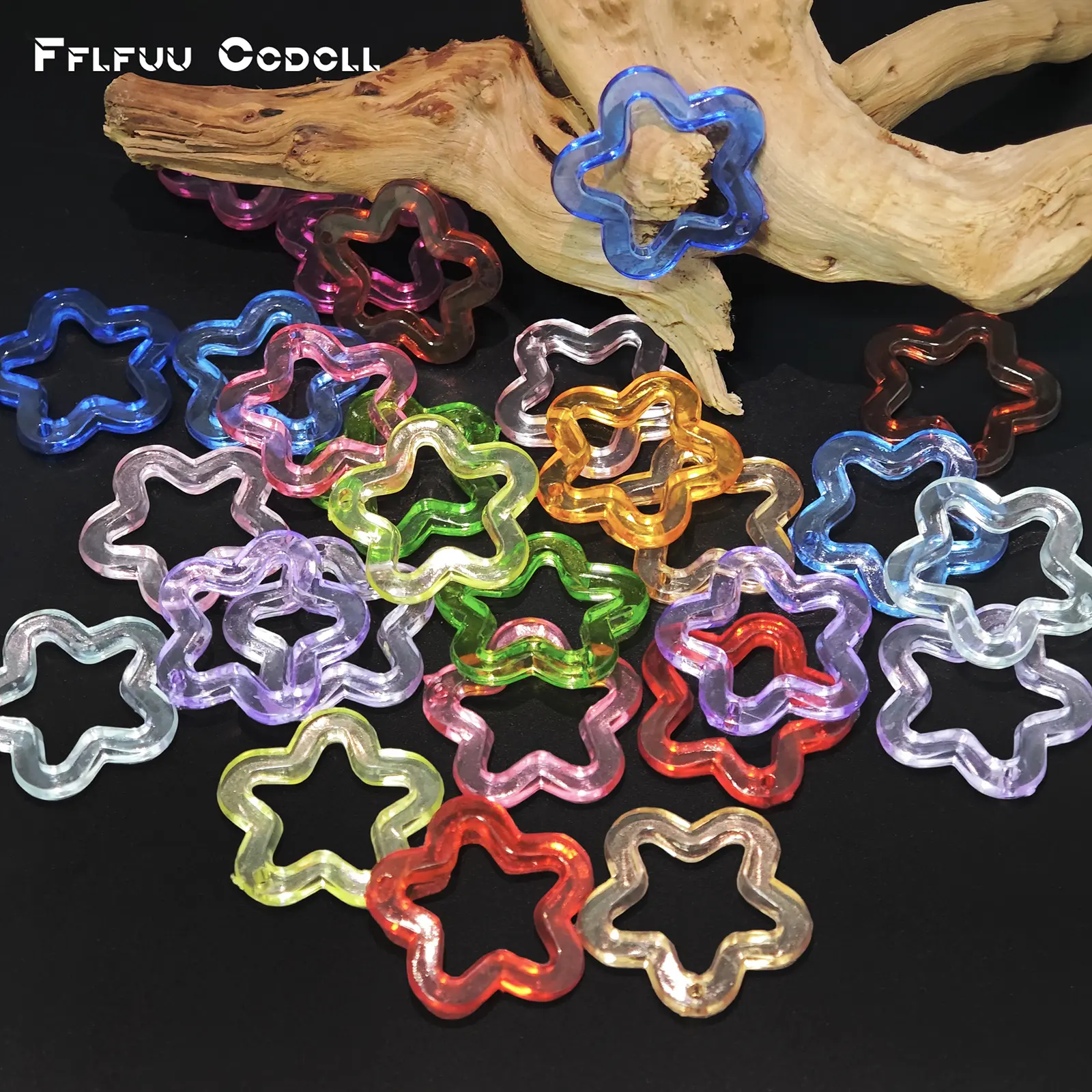 There are 18 colorful acrylic star-shaped beads in total. They feature a hollow 3D design with a hole in the center for stringing. The beads are transparent and come in a rich variety of colors, suitable for making handmade crafts and jewelry.