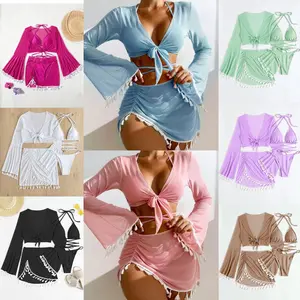 2026 new style - flowy silk mesh top and skirt set for women in bikini, with a conservative design.