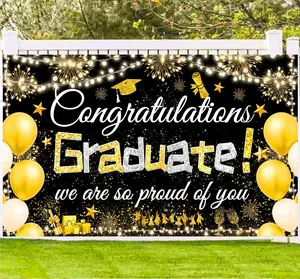 Congratulations Graduate Backdrop - Class of 2026 Black Gold Graduation Party Decorations, 2D Printed Polyester Banner Tapestry