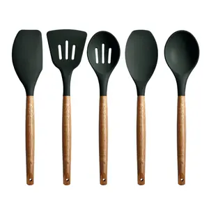Non-Stick Silicone Cooking Utensils Set with Natural Acacia Hard Wood Handle, 5 Piece, High Heat Resistant (Green) Kitchen Wooden