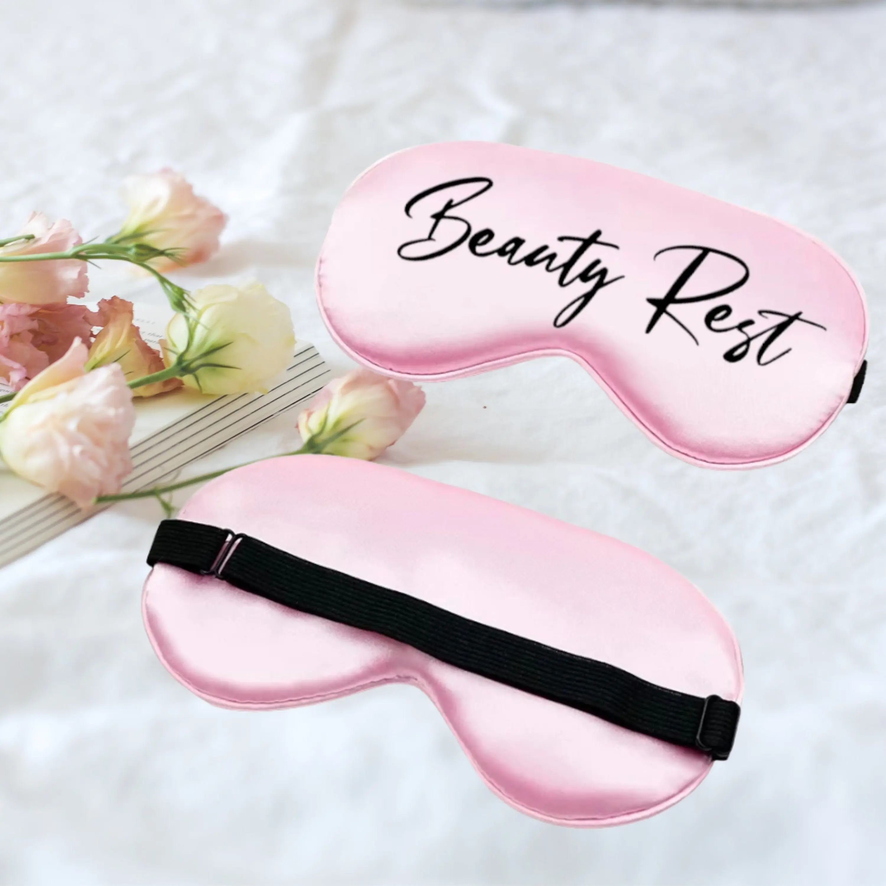 Personalized, adjustable strap, satin eye mask for pamper parties and spa days