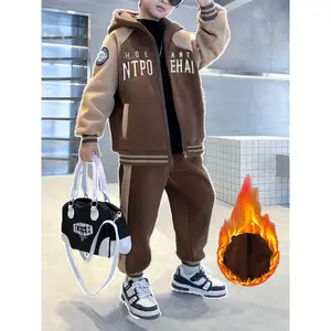 [Cozy Hoodie Set] Cozy Fleece-Lined Boys' Hoodie & Joggers Set |     Casual Zip-Up Jacket with Letter Print, Long Sleeve, Machine Washable - Perfect for Fall/Winter, Outdoor