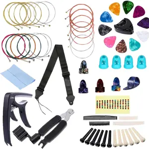 60 count -in- Acoustic Guitar Maintenance & Starter Kit | Includes Strings, Thumb Picks, 3-in-1 Restring Tool, Bridge Pins, Strap, Picks, Fretboard Stickers