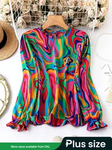 【Plus Size】 All Over Print Frill Trim Keyhole Back Flounce Sleeve Blouse, Going Out Tops, Casual Ruffle Trim Cut Out Button Long Sleeve Round Neck Top for Spring & Fall, Minimalistic Outfit