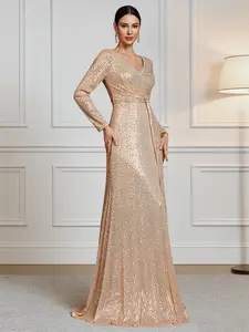 Shimmer Wrap Dress, Women's Long Sleeve V-Neck Maxi Formal Gown, Elegant Party Dress for Graduation, Wedding, Cocktail, Evening Event, Formal Wear