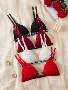 Heart Letter Design Wireless Bra Set, Double Layer Triangle Cups, No Underwire, Comfortable Fit Women's Lingerie, Pack of 4, Womenswear, Underwear