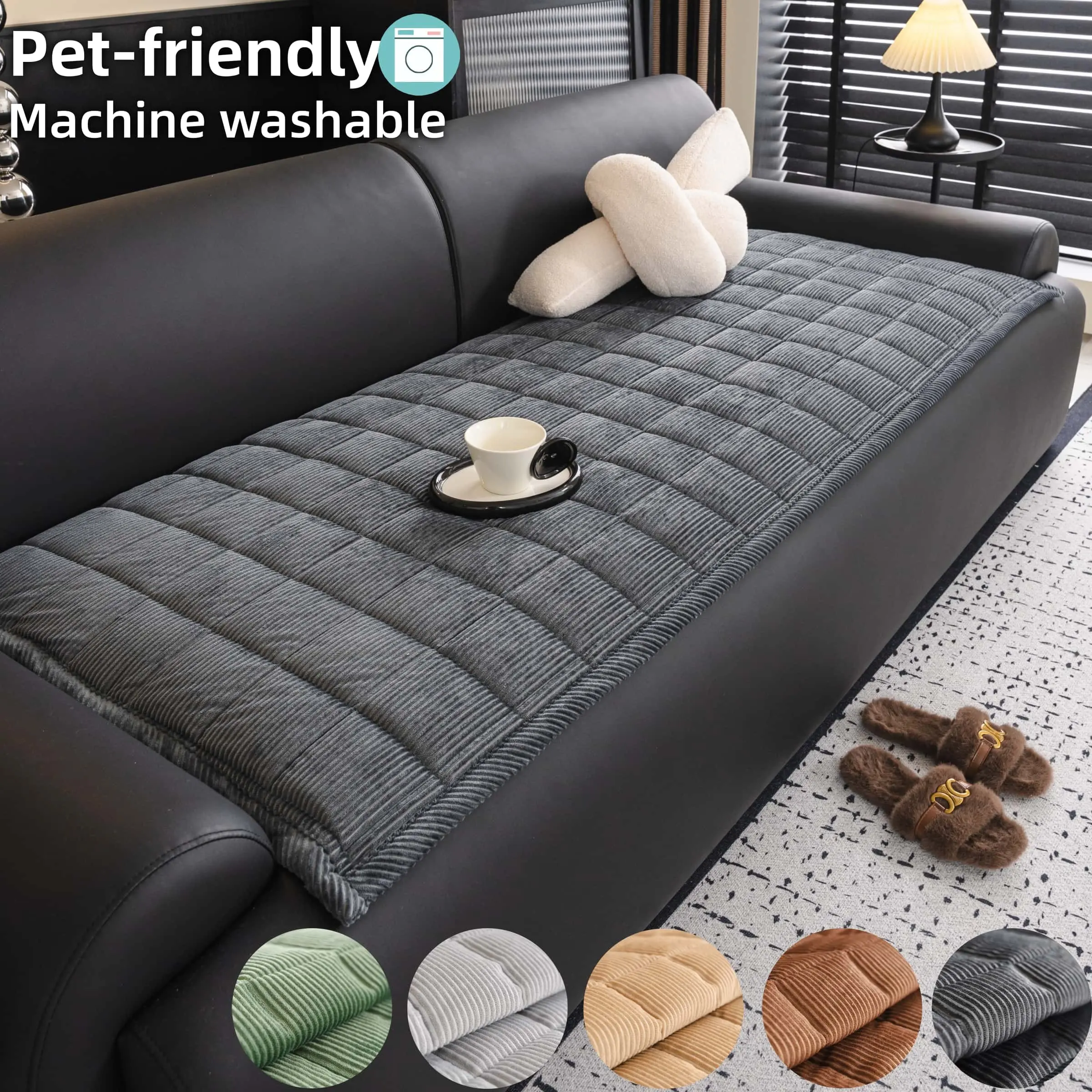 Corduroy Sofa Cover, Soft Sofa Protector, Thick Ribbed Couch Seat Protector Pad, Non Slip Machine Washable Pet Friendly Sofa Cover, Anti Scratch Furniture Protector for Cats & Dogs, 3 Seater Couch, Washable & Dustproof Sofa Slipcover, Couch Covers