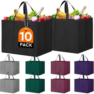 Reusable Grocery Shopping Bags 10 Pack Large Foldable Tote Bags Bulk,Eco Produce Bags with Long Handle for Shopping Groceries Clothes(5 Assorted Colors)
