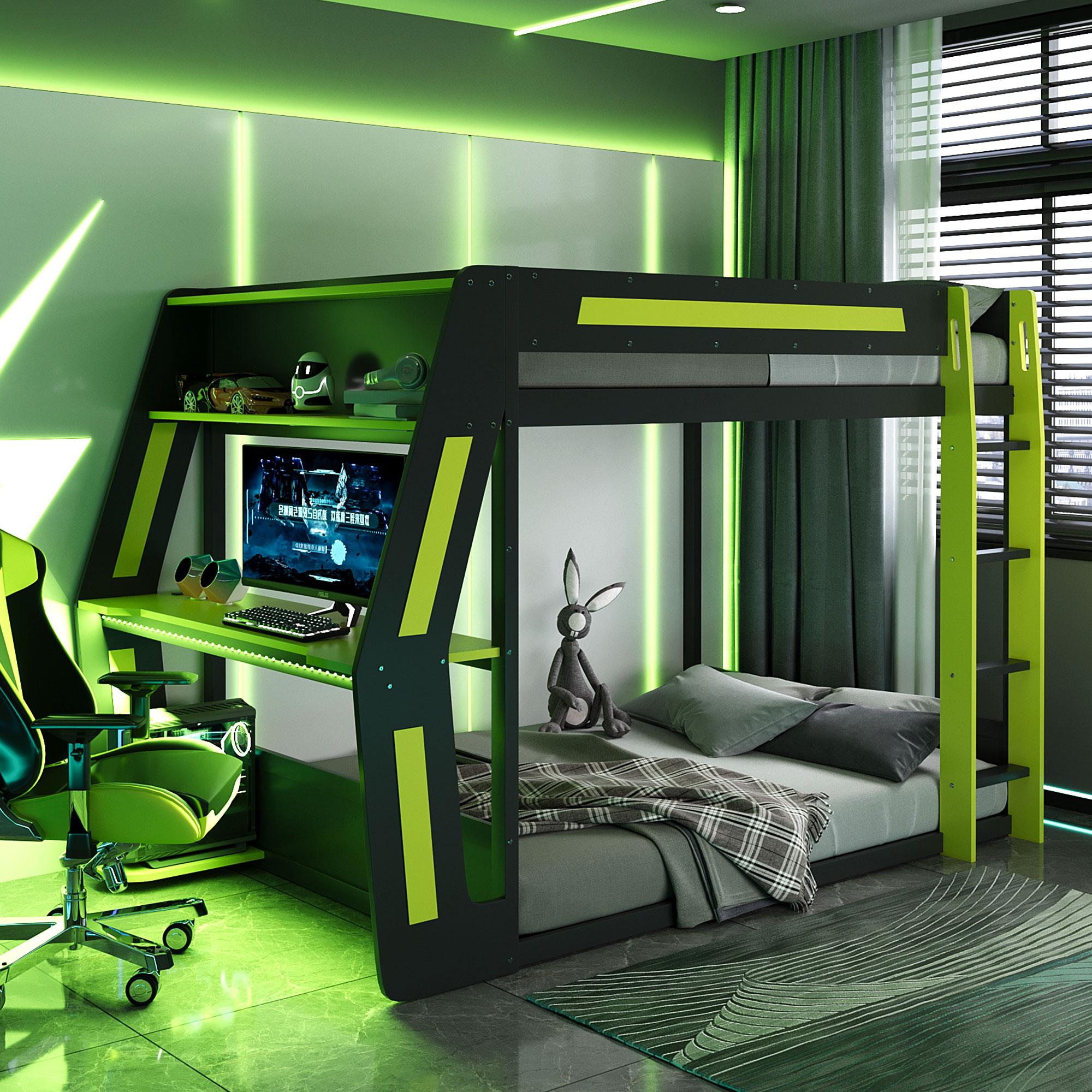Full Size Gaming Bunk Bed Frame with Side-Mounted Oversized RGB Desk, Wood Bunk Bed Frame with USB Charging Ports & Cable Grommet, Heavy-Duty Esports Gaming Loft Frame (Green, Full)