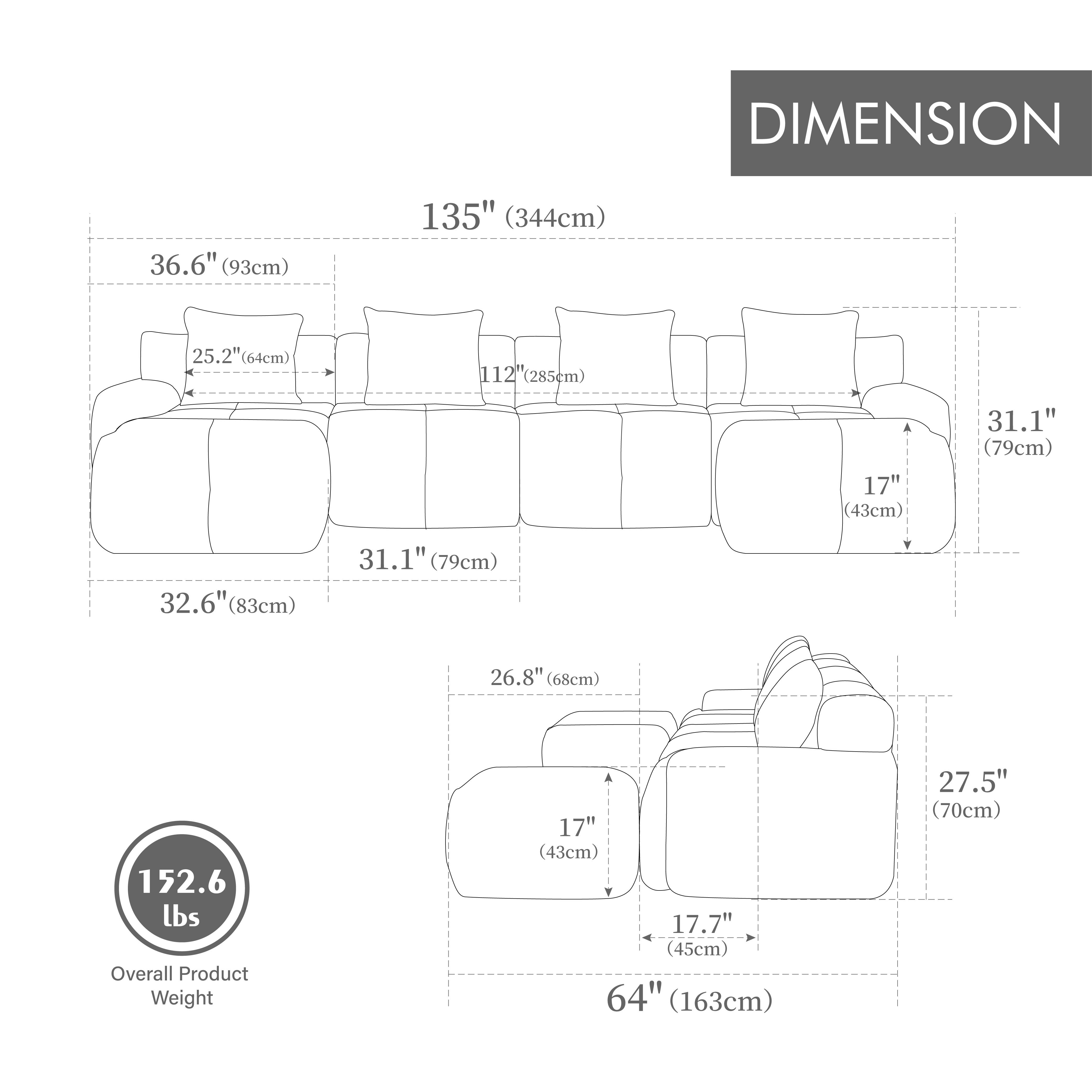 【2 Packages Shipping】 135.4" Sectional Couch Modular Sectional Sofa, Modern U Shaped Couch with 4 Pillows, Deep Seat Boneless Couches for Living Room, Comfy Cloud Couches for Bedroom Apartment, No Assembly