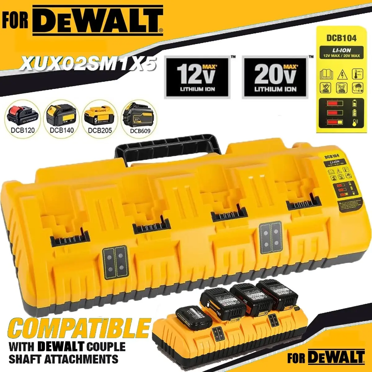 4-Port Replacement Rapid Charger for Dewalt Charger DCB104 with 2 USB Ports, for Dewalt 12V/20V Max Battery Charging Station for Jobsite, Outdoor Work, Workshop, Home, DIY & Industry