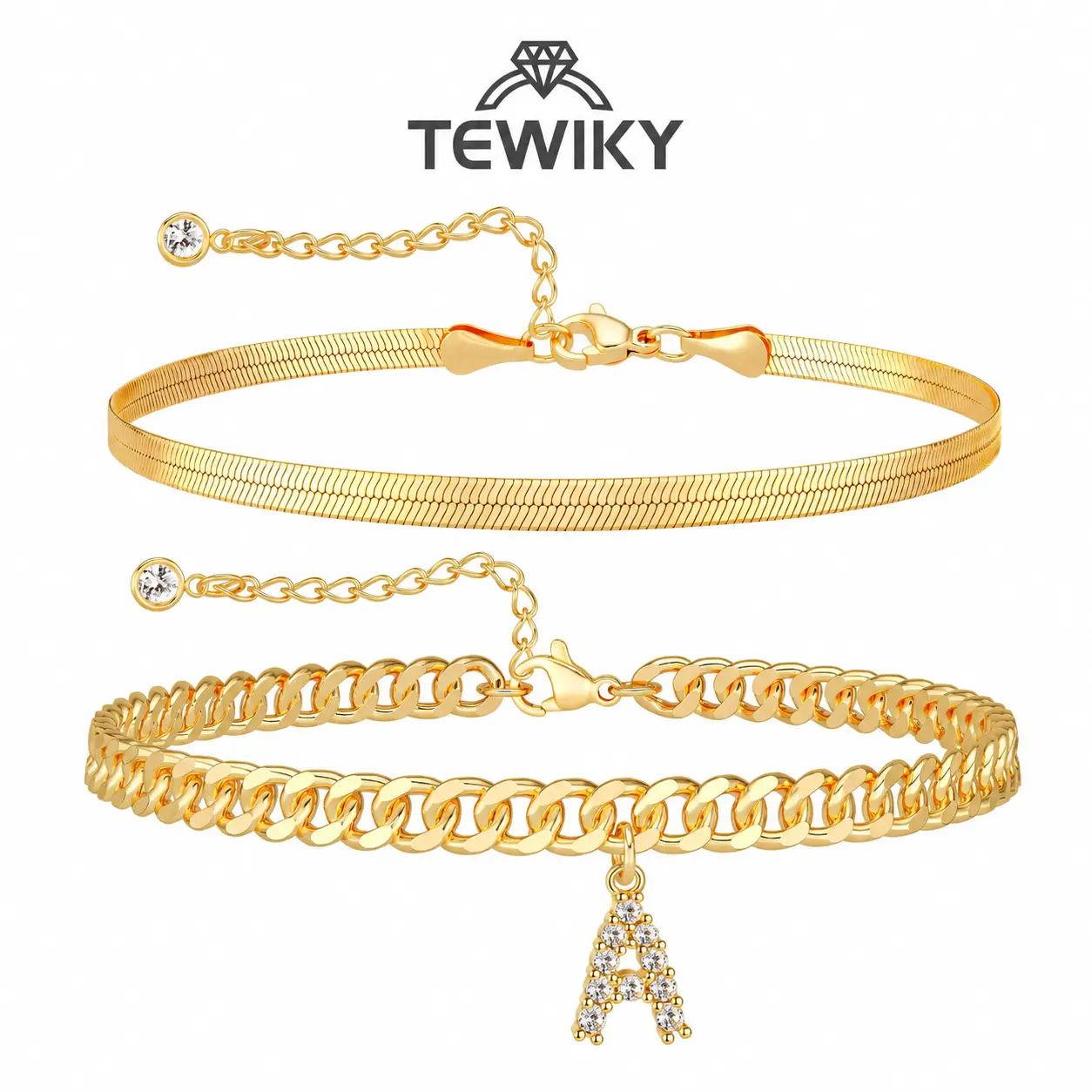 Tewiky Gold Double Layer Anklet for Women, Initial Letter Cuban Link Anklet with Snake Chain, 26 Alphabet Charms Available, Personalized Anklet Jewelry, Layered Chain Foot Bracelet, Trendy Summer Beach Fashion Gift