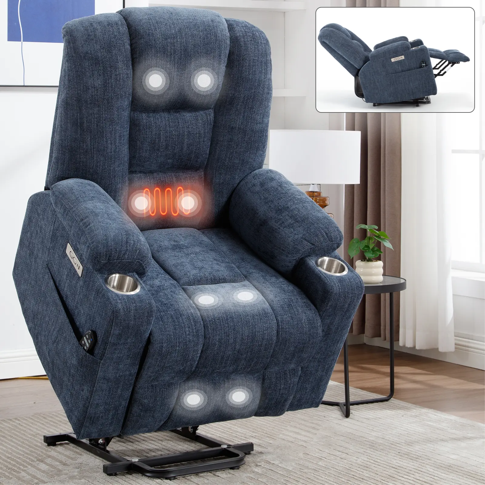 Power Lift Recliner Chair with Massage and Heat for Elderly, Overstuffed Wide Recliners, Heavy duty Motion Mechanism with USB and Type C Ports, 2 Steel Cup Holders, Blue/Grey/Beige/khaki/Blue Grey/Light Grey summerwins Heated