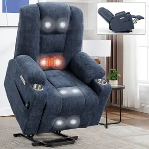 Power Lift Recliner Chair with Massage and Heat for Elderly, Overstuffed Wide Recliners, Heavy duty Motion Mechanism with USB and Type C Ports, 2 Steel Cup Holders, Blue/Grey/Beige/khaki/Blue Grey/Light Grey