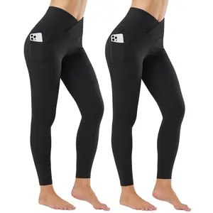 baleaf 2 pieces Women's Workout Crossover Leggings with Pockets High Waisted Athletic Yoga Pants Tummy Control Soft Leggings