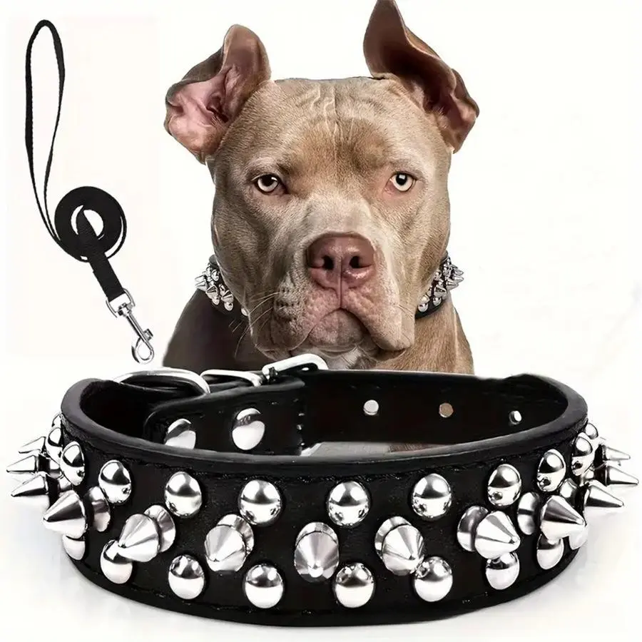 Pet collar Adjustable,Spiked Dog Collar And Leash Set Rivet Leather Adjustable Collar For Outdoor Walking Secure And Stylish Pet Accessory Anti-bite Durable Free Leash Punk Style
