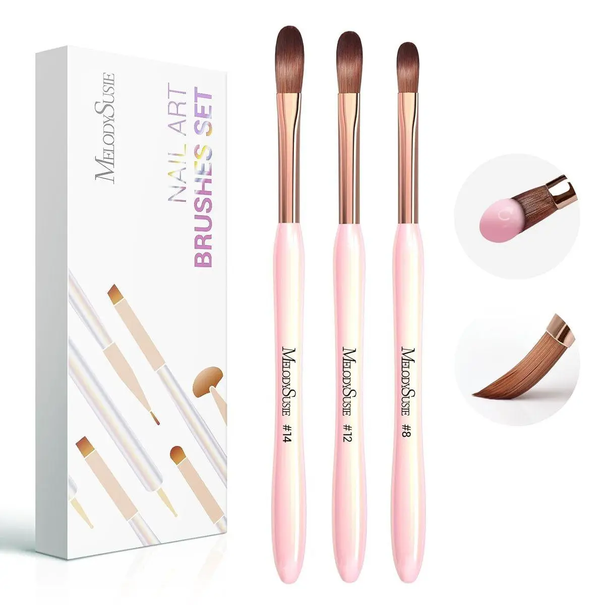 3Pcs Acrylic Nail Brush Set, Size 8/12/14 for Extension and 3D Carving,DIY Home Salon Manicure Tool, Pink