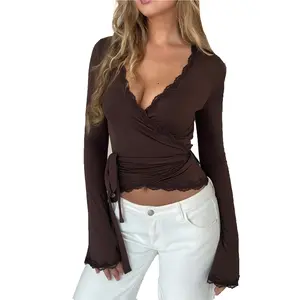 Women's Sexy Lace Trim Deep V Neck Bandage Surplice Wrap Crop Tops Ballet Wrap Tops for Women Workout Yoga Wrap ShirtsFit Tie Front Coquette Blouse Tops