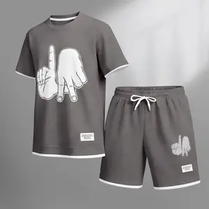 Men's Funny Gesture Graphic Print Short Sleeve Shirt and Drawstring Shorts Set, Casual Summer Two-Piece Outfit, Lightweight Breathable Relaxed Fit Sportswear, Trendy Stylish Comfortable Beach Vacation Daily Wear Travel Loungewear